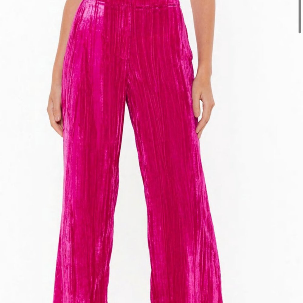 Nasty Gal Hot Pink Velvet Wide Leg Suit Pants - Size 8